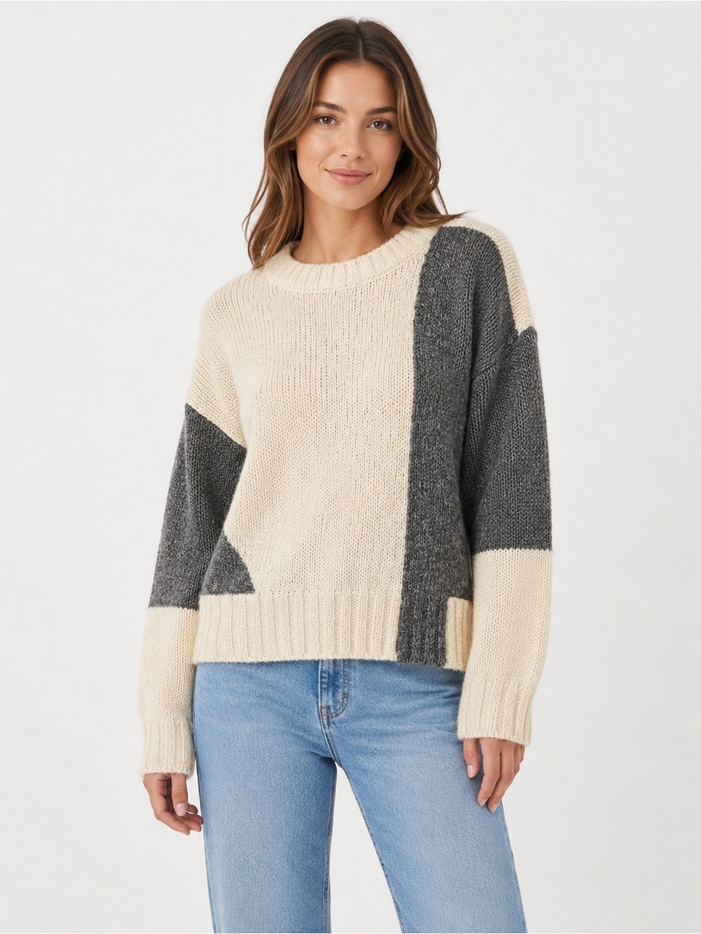 WindRiver Women’s Colorblock Knit Sweater Size S Cream Gray NWT